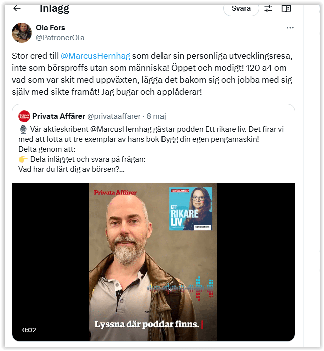 Det är viktigt att inspirera andra och vägleda till att aldrig ge upp utan fortsätta kämpa för att hamna i en positiv spiral. Det är så lätt att man hamnar i en negativ och inte kommer någonstans. I avsnittet i Ett rikare liv ger jag ett par av mina bästa råd för er ensamma och kärlekssökande där ute. För min öppenhet fick jag detta beröm av Ola Fors.
