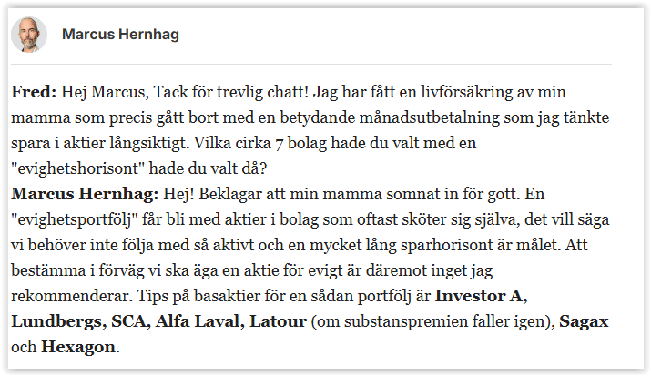 Vilka aktier skulle jag välja? Jag gav sju exempel på aktier för en evighetsportfölj i aktiechatten den 14 juni 2024.