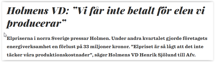 Holmens vindkraft ser ut att vara en dyr historia. Skärmdump från Affärsvärldens sajt om att Holmen inte tjänar något på sin vindkraft. 